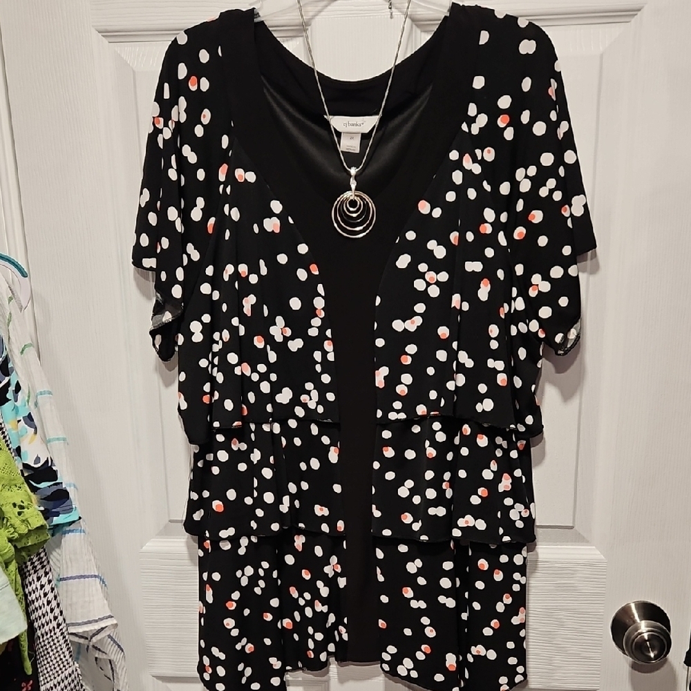 CJ Banks Black Blouse with White and Red Dots